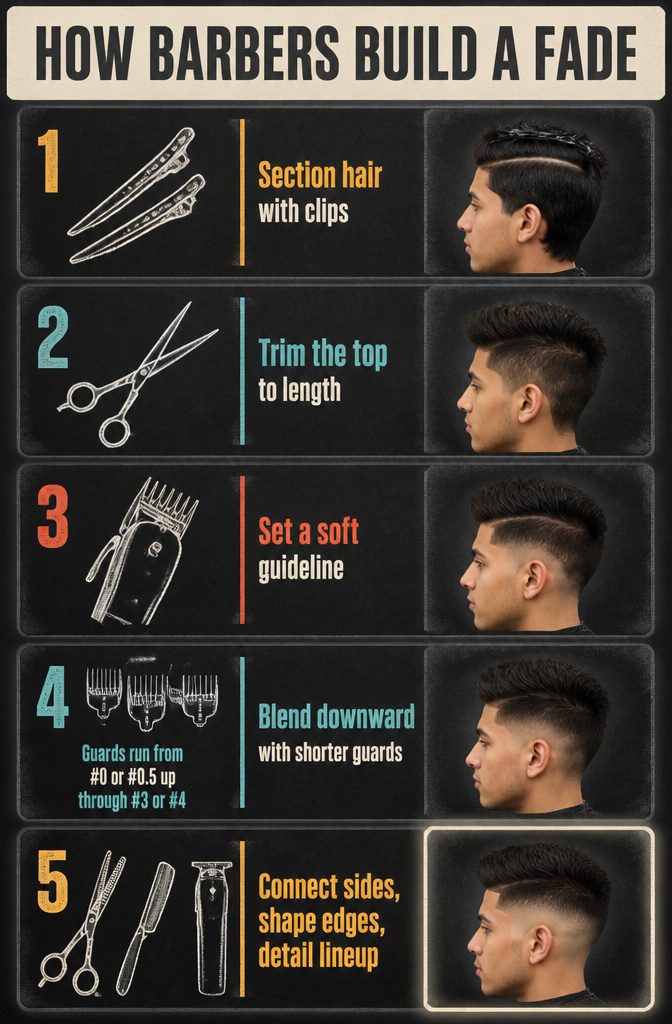 Barber clipper guards and haircut sections showing steps in a fade