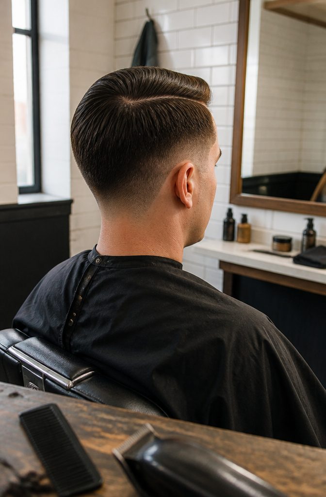 Man with a low fade that leaves longer hair above the ears