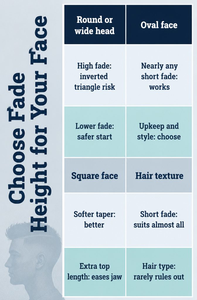 Face shapes paired with different fade heights around the temples and sides