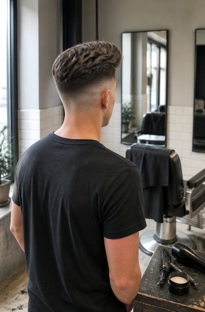 Man with a lifted quiff and skin-close faded sides