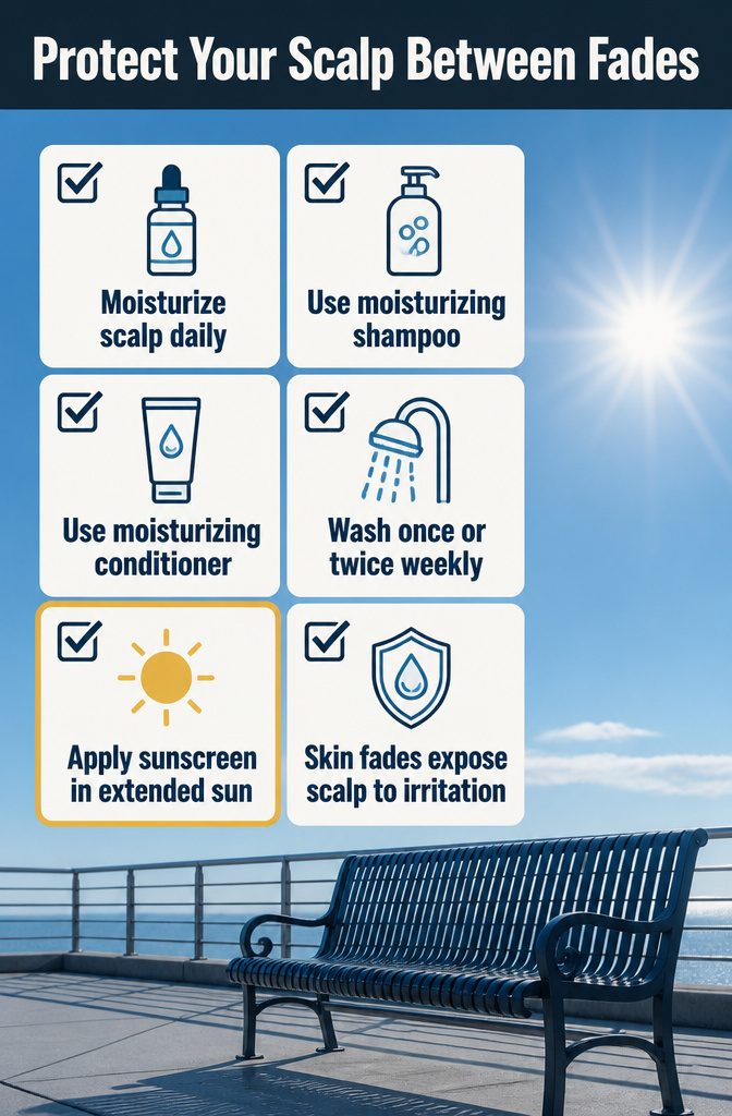 Scalp care products beside a short-haired man with exposed skin along the fade