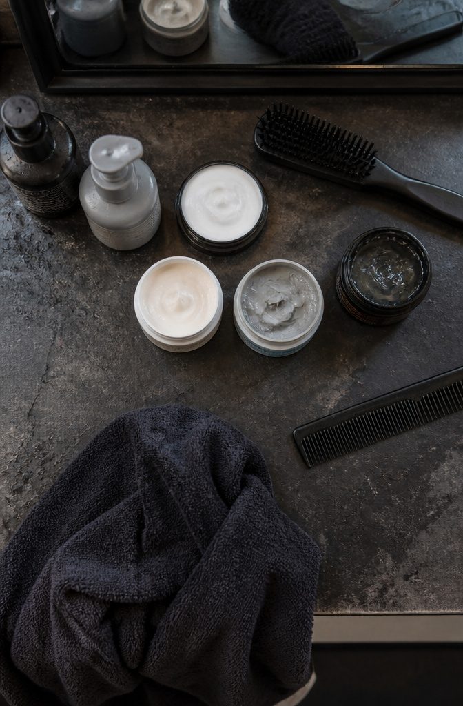 Hair styling products arranged for straight curly fine and thick hair
