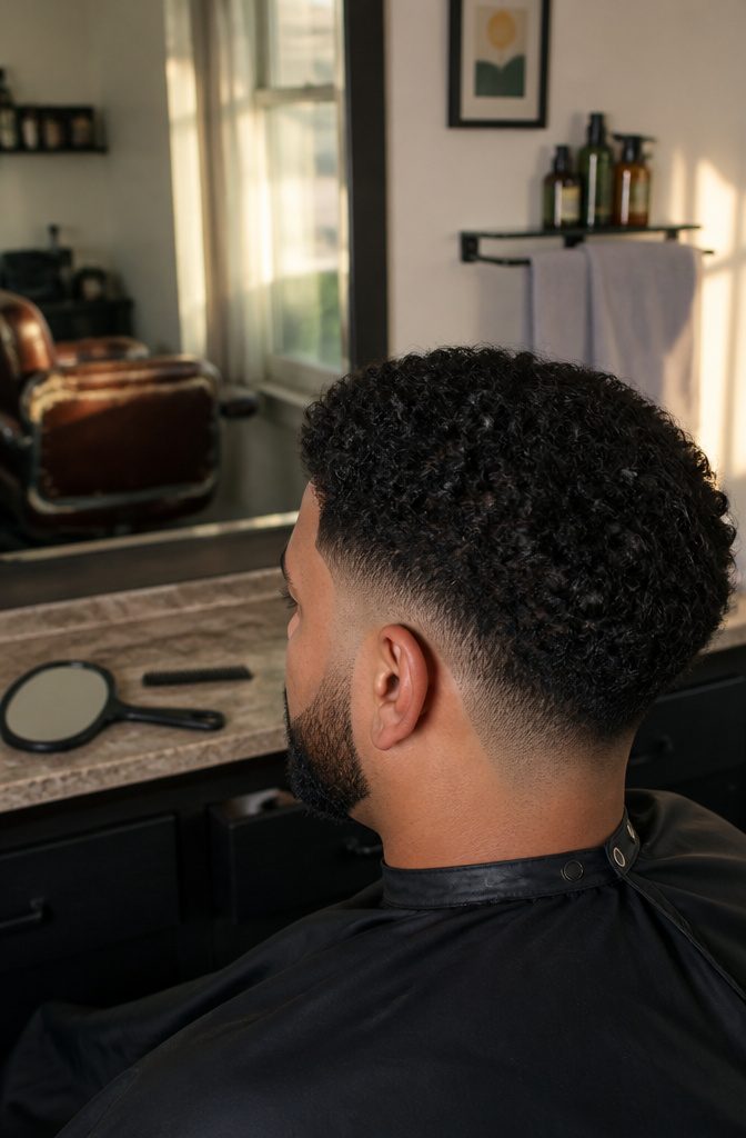 Man with curly hair and a localized fade at the temples beside a beard lineup
