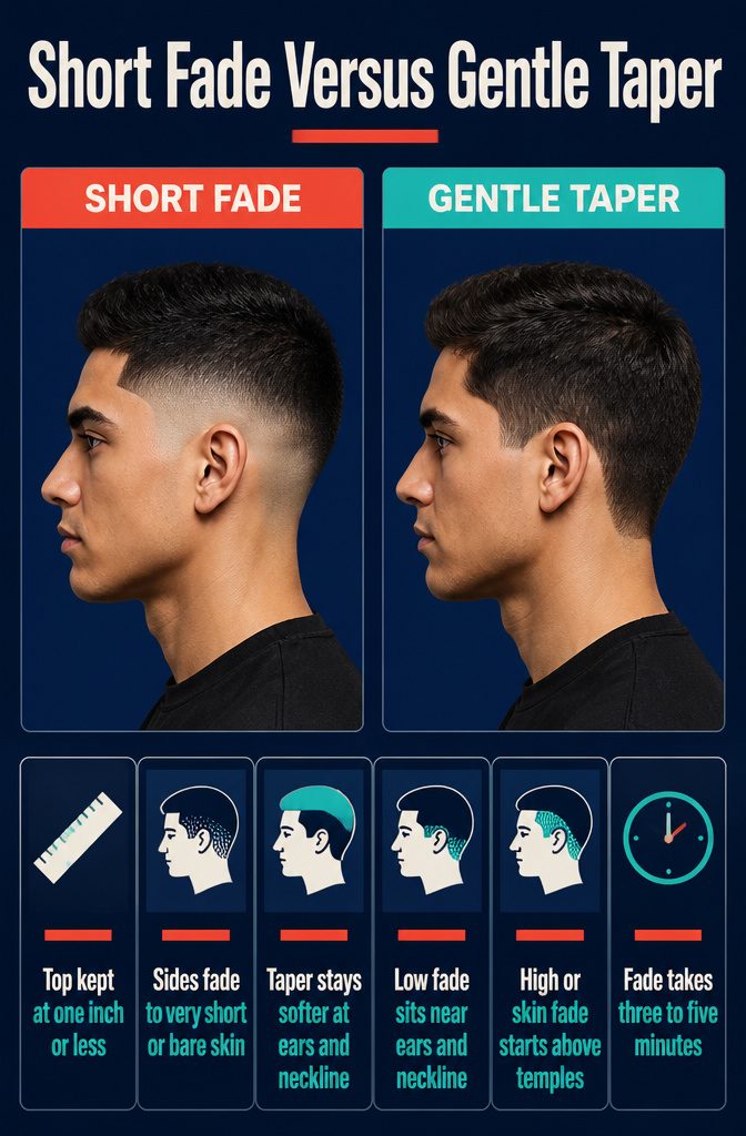Short fade and gentle taper shown side by side with different lengths around the ears