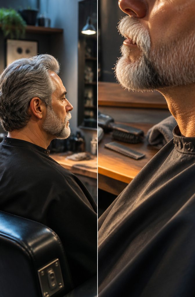 Man with gray hair, dark eyebrows, white mustache and mixed-color beard