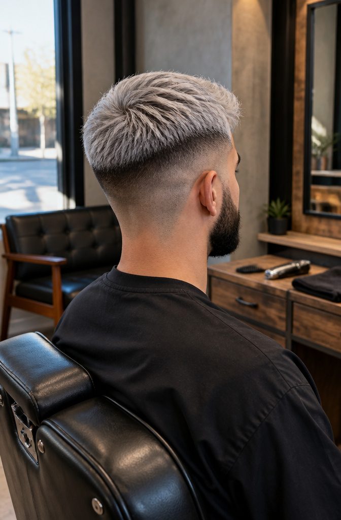 Young man with dyed silver hair, faded sides and a neatly groomed beard