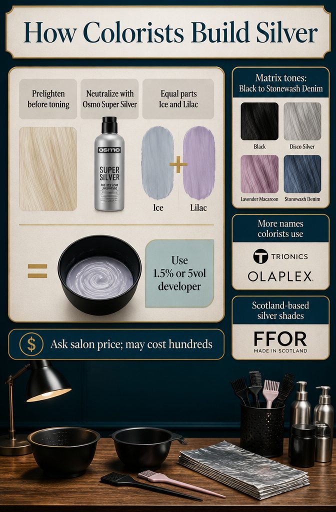 Silver hair color products and formulas used by a professional colorist