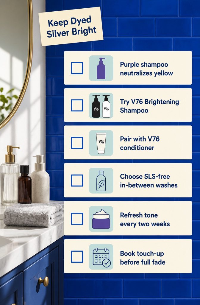 Purple shampoo and conditioner bottles for maintaining dyed silver hair