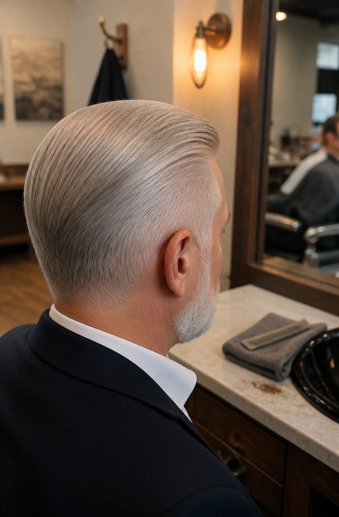 Man with silver hair combed flat to one side and a groomed beard
