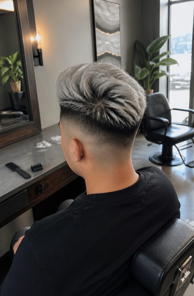 Man with brushed-up platinum hair and dark roots above a high fade
