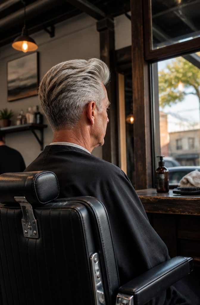 Man with silver pompadour combed upward and back from his forehead