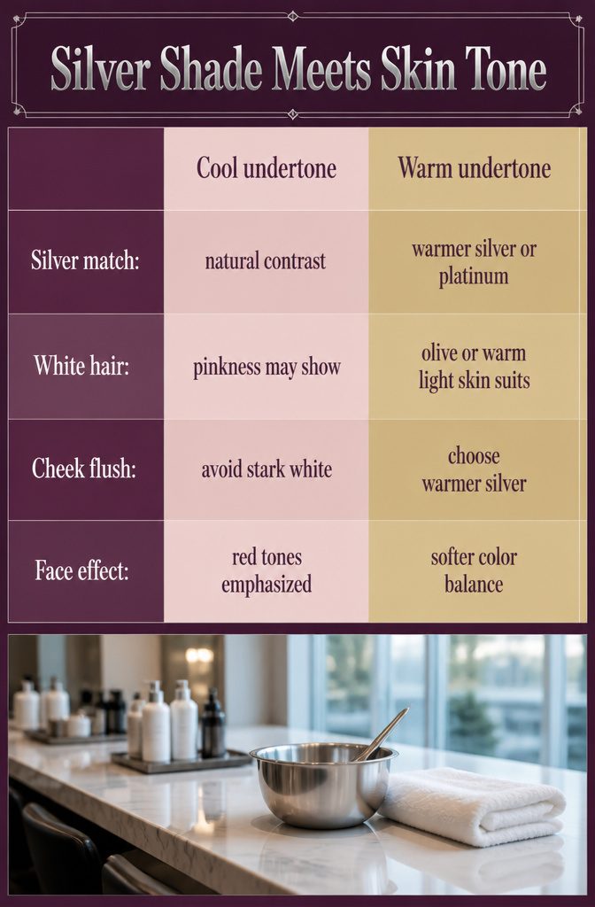 Man with silver hair shown alongside skin tone examples for choosing a shade