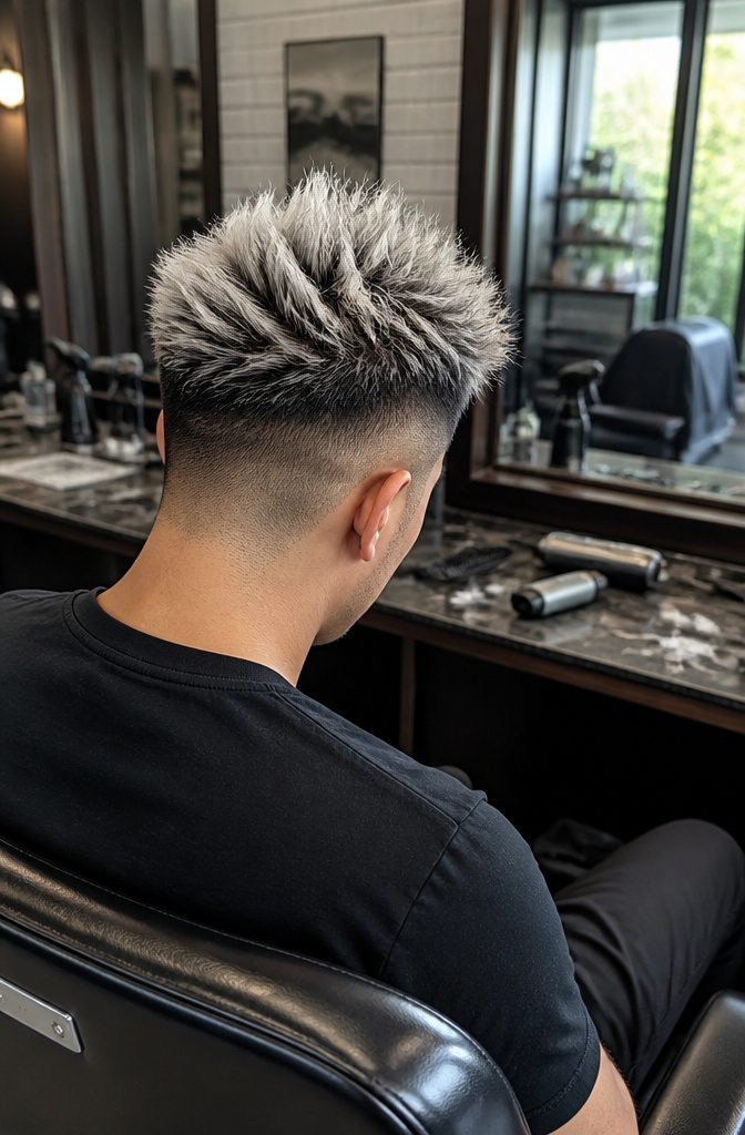 Man with spiky silver hair above faded sides and back