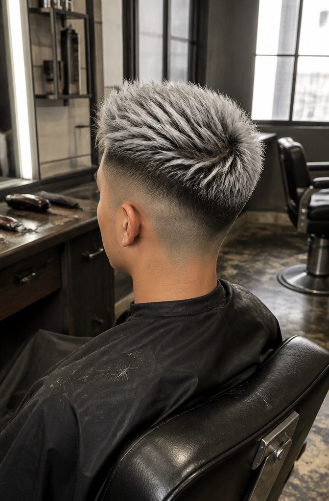 Man with upright platinum hair and dark roots over closely faded sides