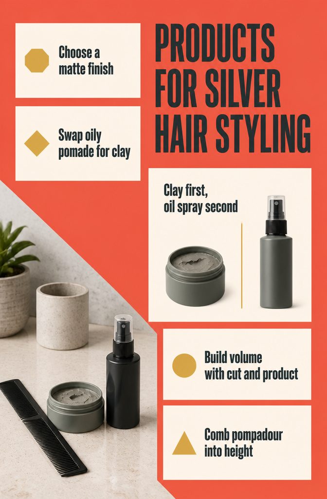 Styling clay and oil-based spray for shaping short silver hair