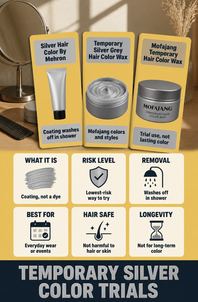 Temporary silver hair color wax products arranged for a color trial