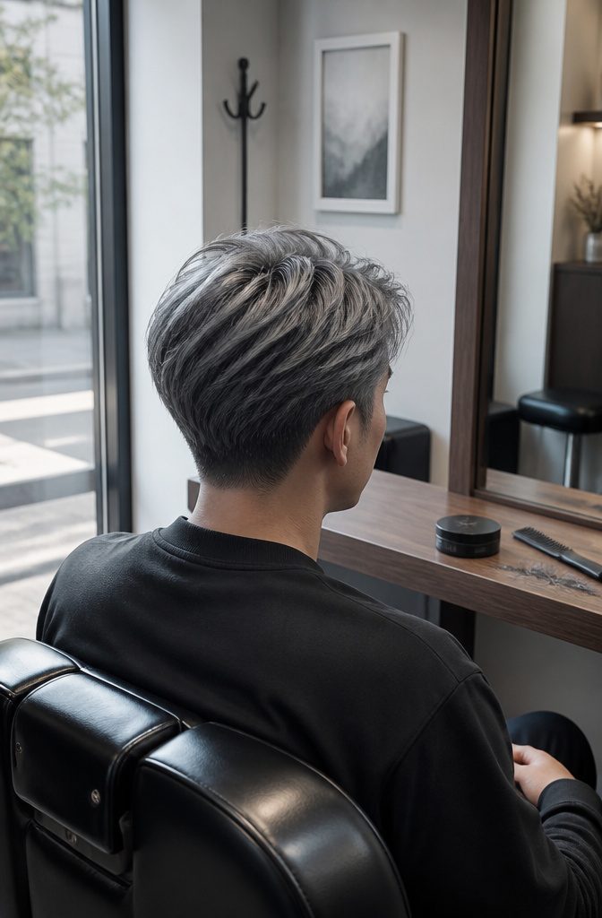 Young man with cool gunmetal-gray hair and cleanly groomed sides
