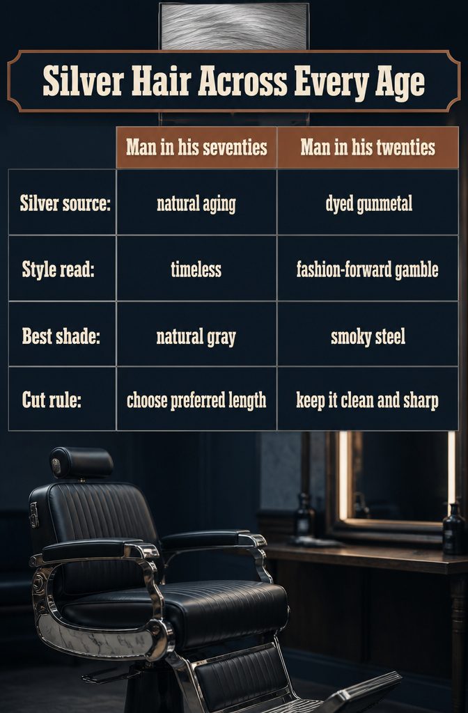 Silver-haired men representing different ages, from young adults to older men