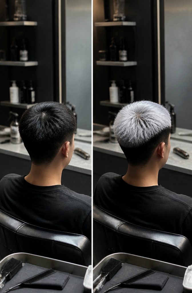 Man with icy white-silver hair on top above a dark base