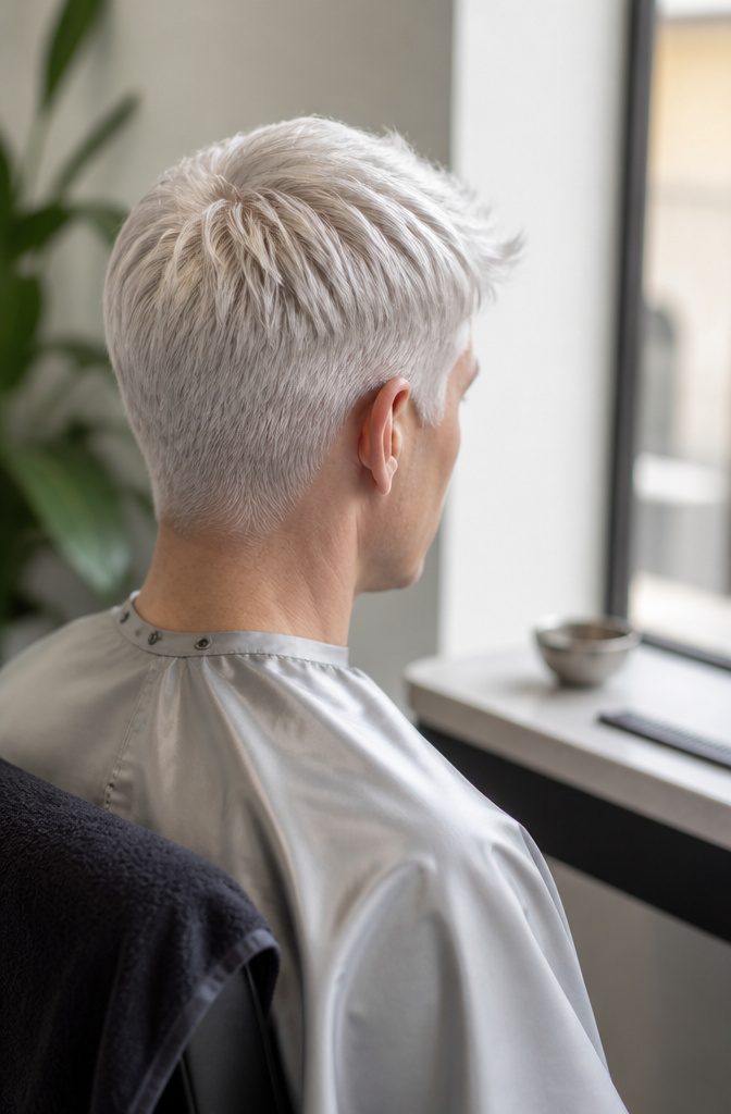 Man with short icy platinum-silver hair styled neatly across the top