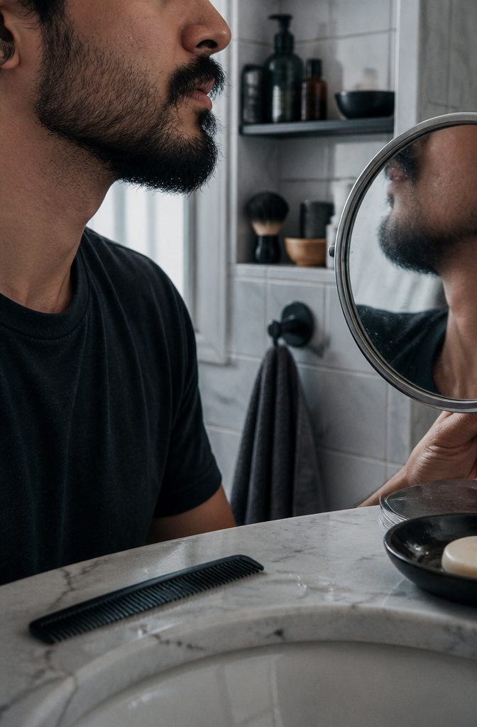 Man with dense chin and jaw hair and thinner cheeks in profile