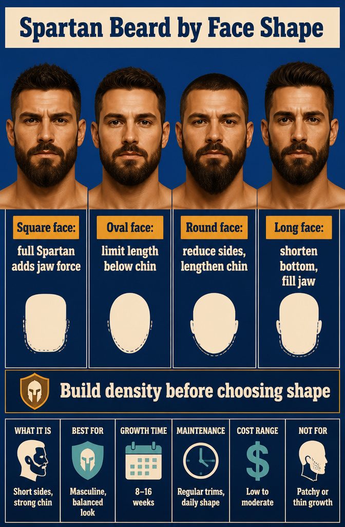 Chart comparing beard shape and length on square oval round and long faces
