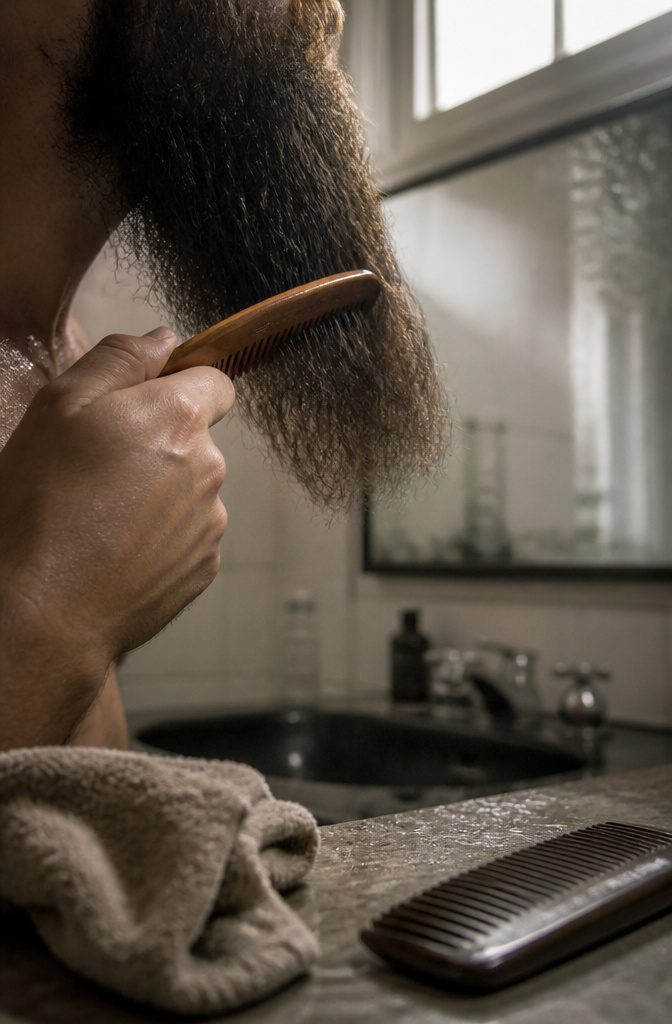 Close side view of a long beard being combed with natural flyaways
