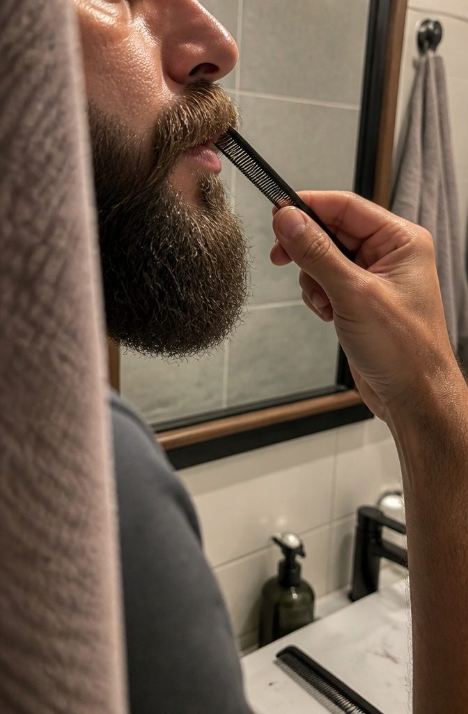 Man's moustache combed down as small scissors trim hair above the lip