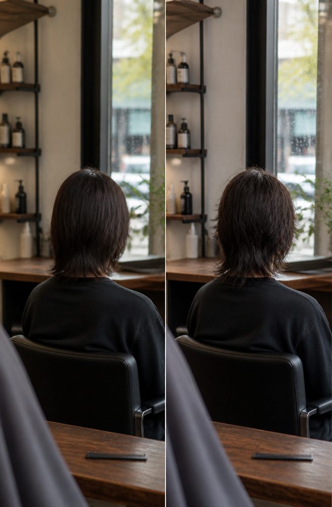 Man wearing a longer straight wolf cut with layered hair around the face