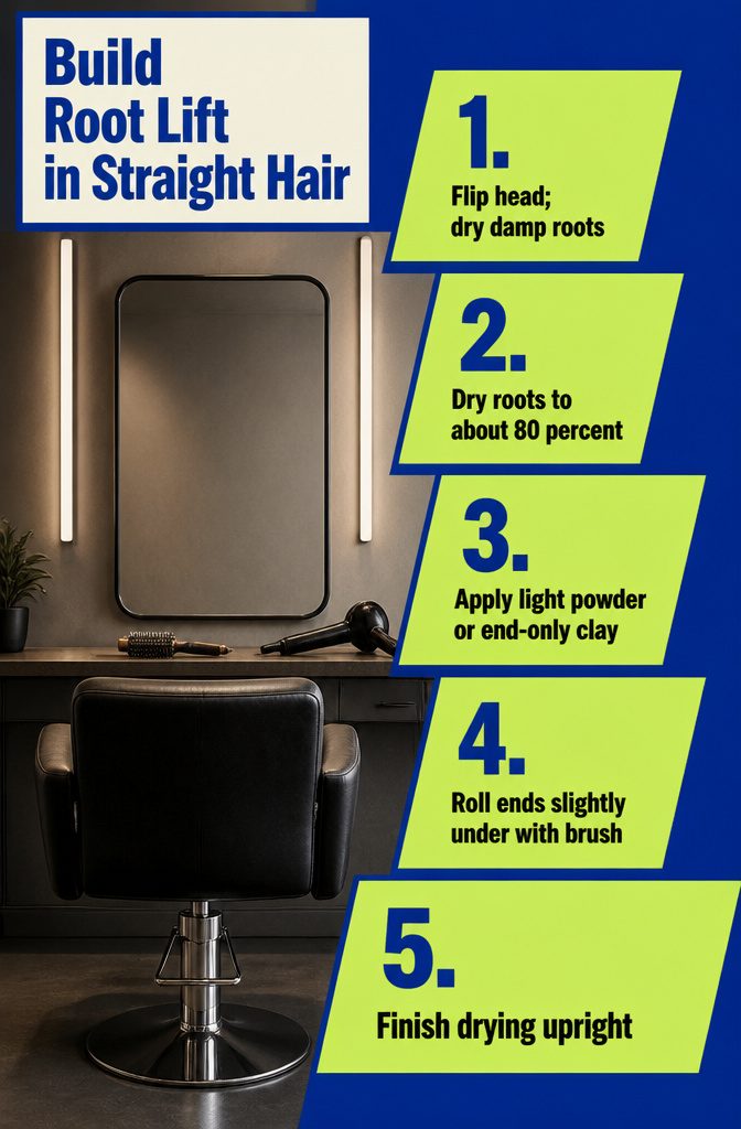 Beauty infographic with steps for blow-drying roots upside down