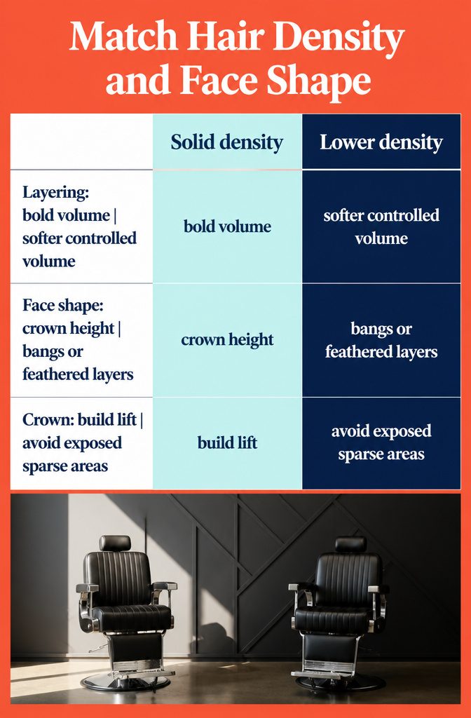 Beauty infographic matching hair density and face shapes with hairstyle proportions