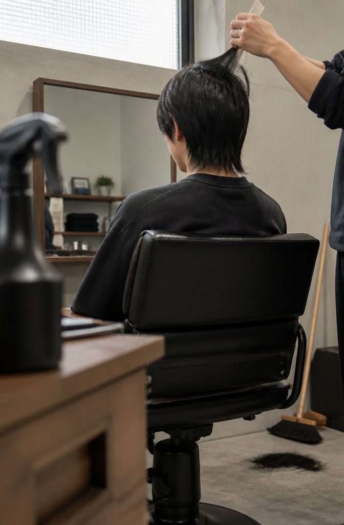 Man seen from behind in a barber chair as a stylist lifts crown hair with a comb