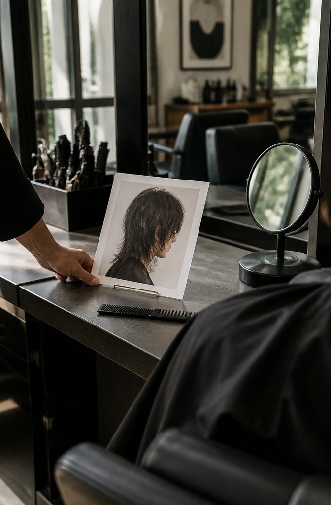 Printed straight wolf cut reference beside a mirror and comb with a stylist's hand