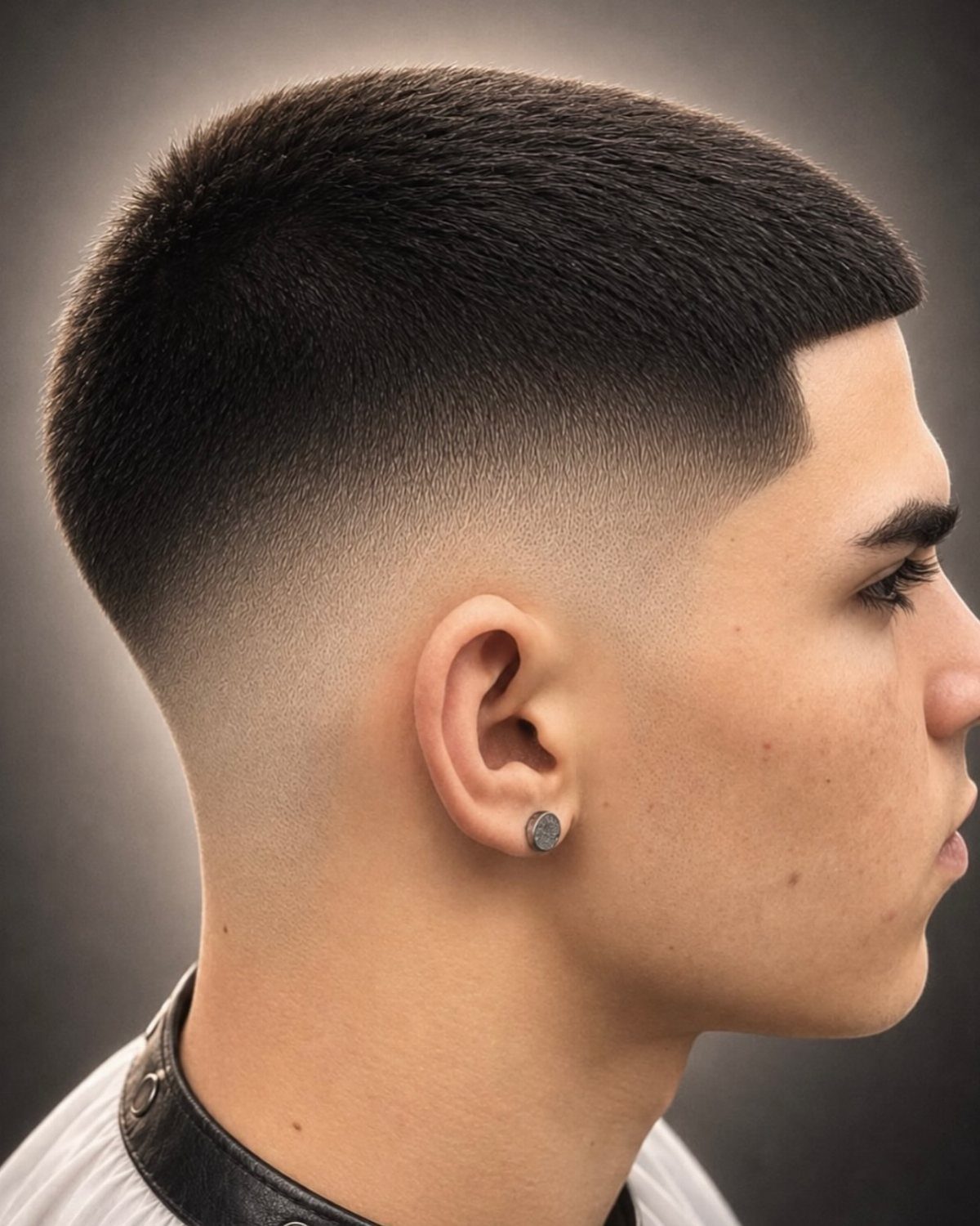 Man with a short crew cut and high skin fade in side profile.
