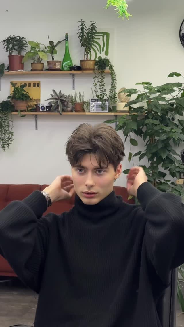 Young man with voluminous brown hair wearing a black turtleneck in a room with plants