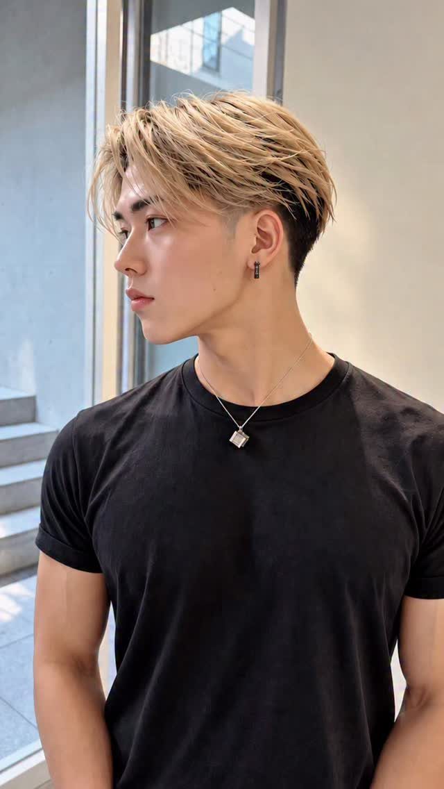 Man with blonde textured top and a clean taper fade haircut on the sides.
