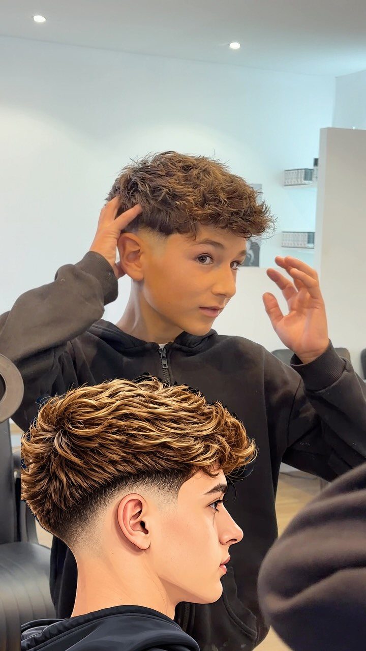 Young man with a textured drop taper haircut and brown wavy hair.