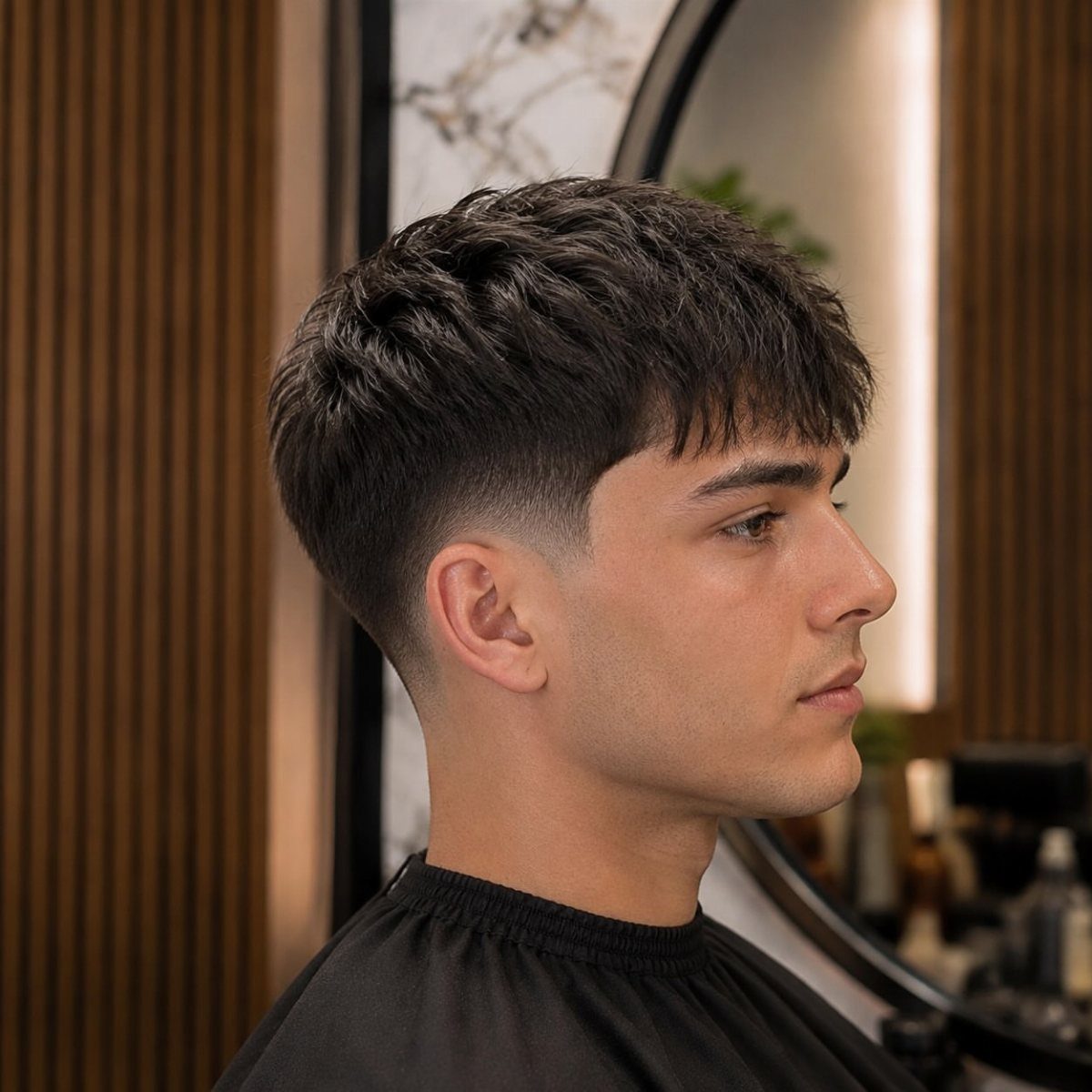 Man with a wavy crop haircut and a classic taper fade side profile