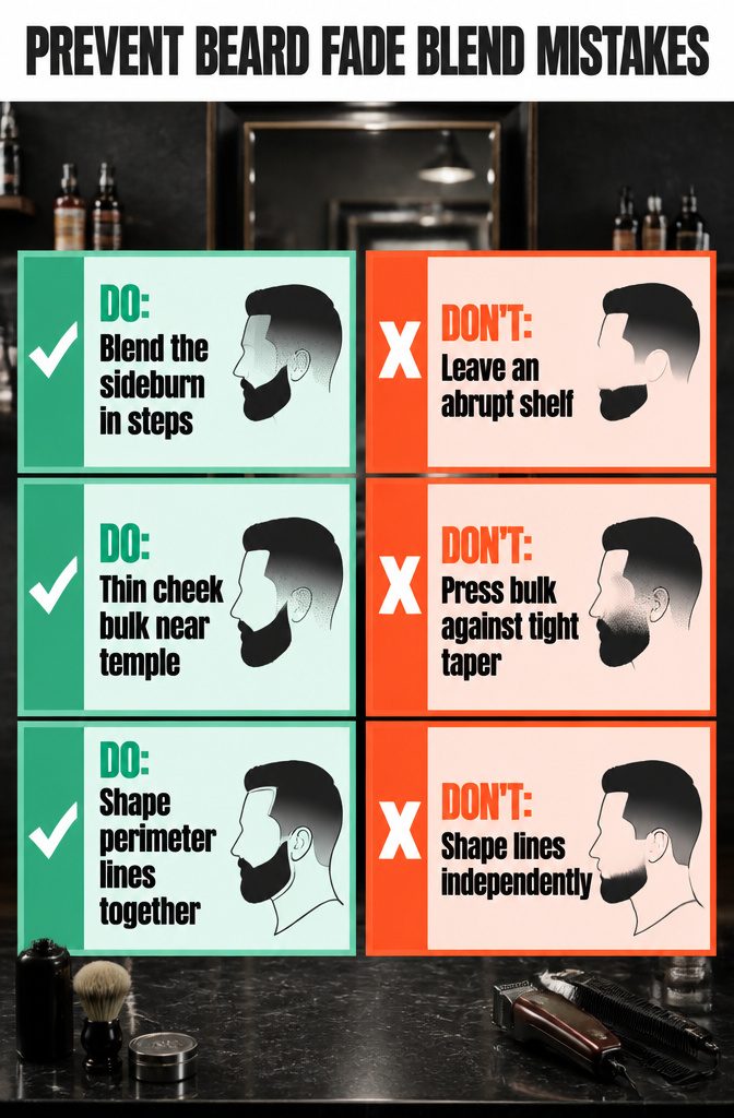 Beauty infographic titled Prevent Beard Fade Blend Mistakes.