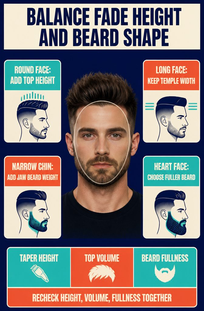 Beauty infographic titled Balance Fade Height and Beard Shape.