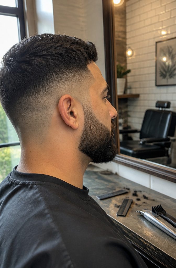 Close side profile showing a gradual fade from sideburn into beard.
