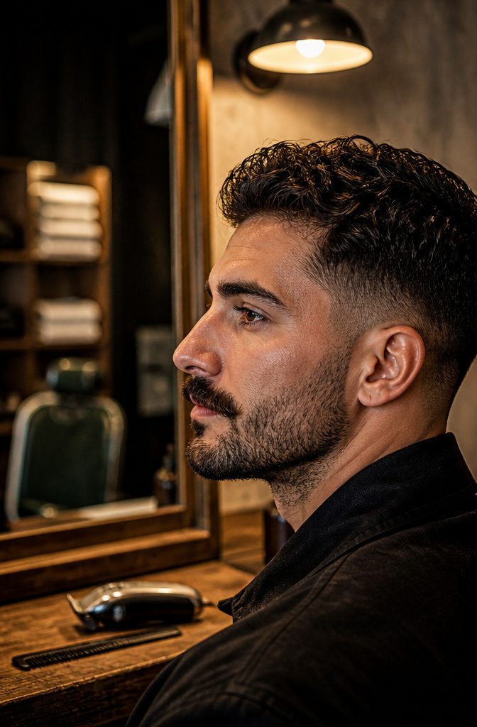 Man with a low taper, short cheek hair, and prominent mustache.