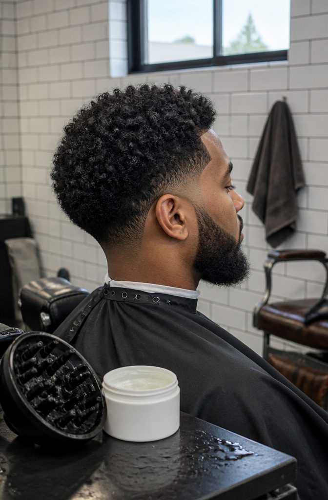 Man with curly hair, low taper, and connected beard outline.