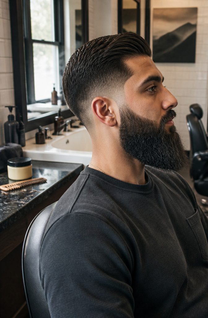 Man with a low taper haircut and full beard below faded sideburns.