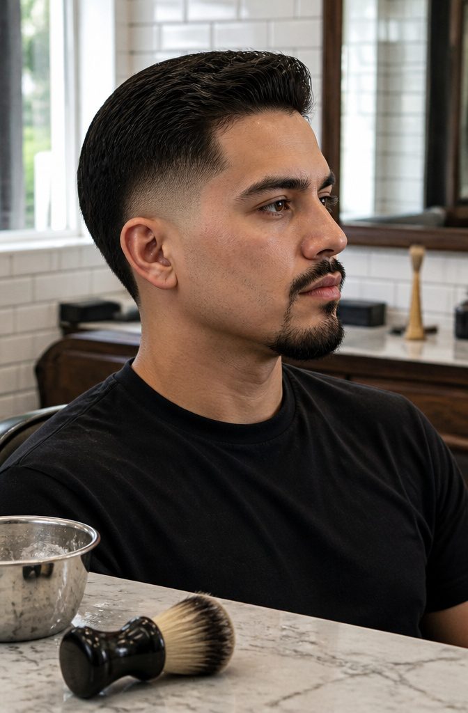 Man with a low taper, bare cheeks, and a defined goatee.