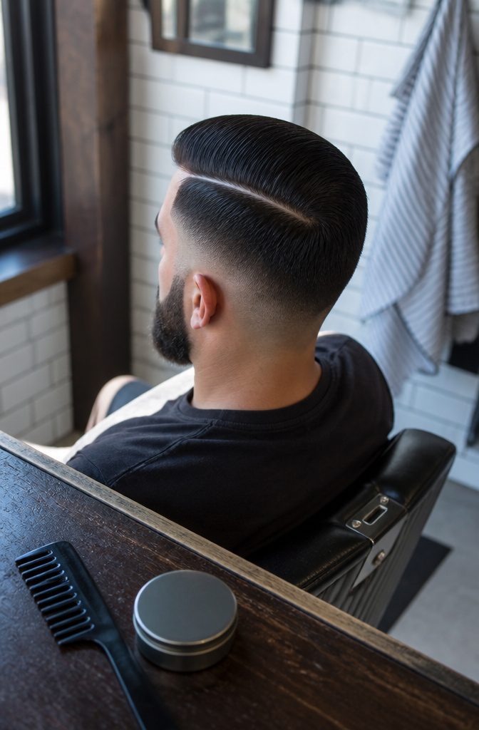Man with a hard part, combed hair, low taper, and trimmed beard.