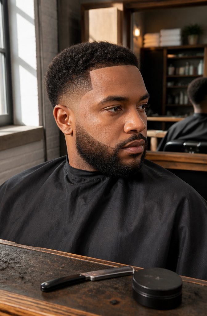 Man with a low taper, squared hairline, and sharply lined beard.