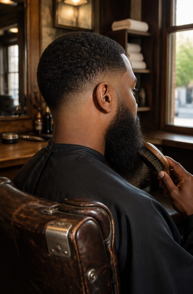 Man with a low taper and long beard with a short upper sideburn.