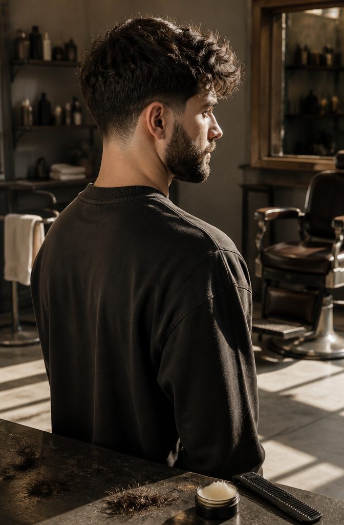 Man with messy textured hair, low taper, and neatly groomed beard.