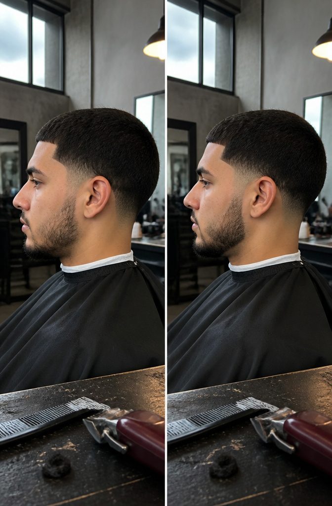 Man with a low taper and patchy beard separated by a clean gap.